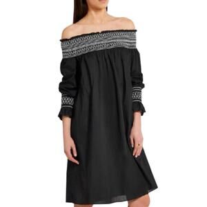 Maje Raffy Black White 100% Cotton Off Shoulder Smocked Mini Dress 2 M